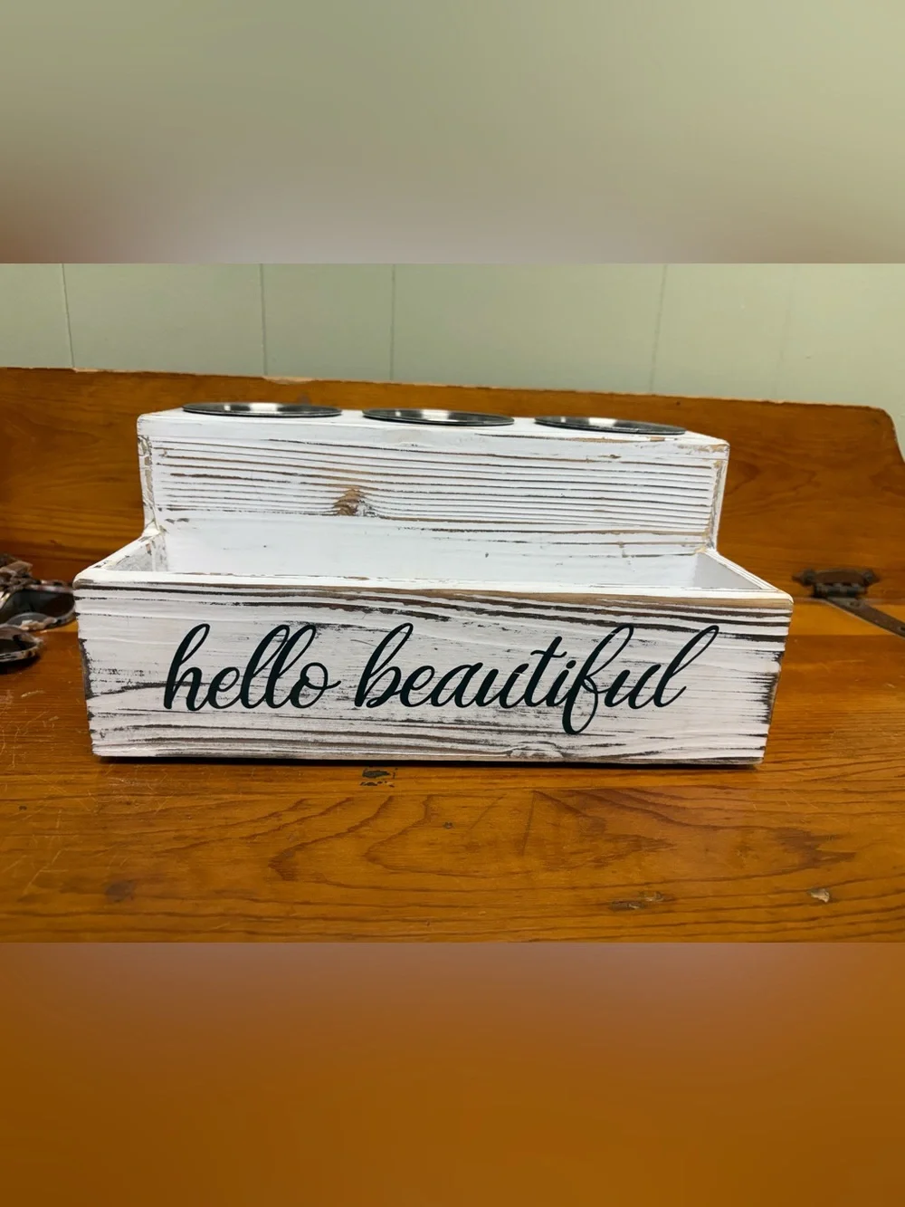 Hello Beautiful White Rustic Wood Organizer with 3 Stainless Cups